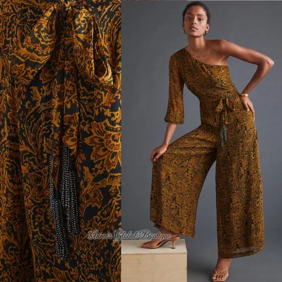 RARE NWT ANTHROPOLOGIE Ollari Paisley Tasseled One-Shoulder Jumpsuit. Size L - Picture 15 of 16